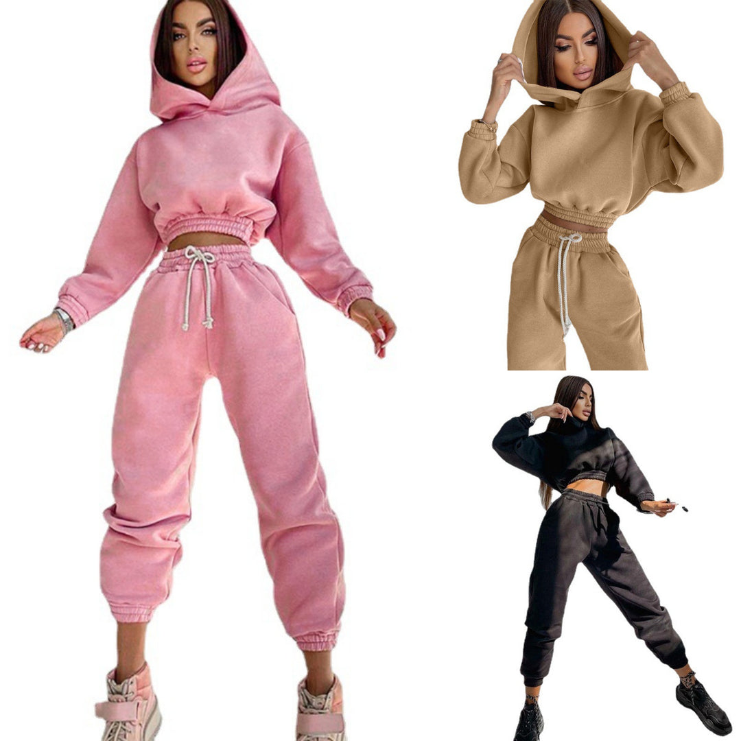 Damen nan Cropped-Hoodie-Loungewear-Set mit elastischem Rippbund, hoher Taillen-Jogginghose und dekorativem Kordelzug Drune