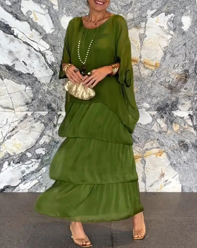 Damen nan bodenlanges Stufenkleid mit weiten Fledermausärmeln und lockerer Silhouette Drune