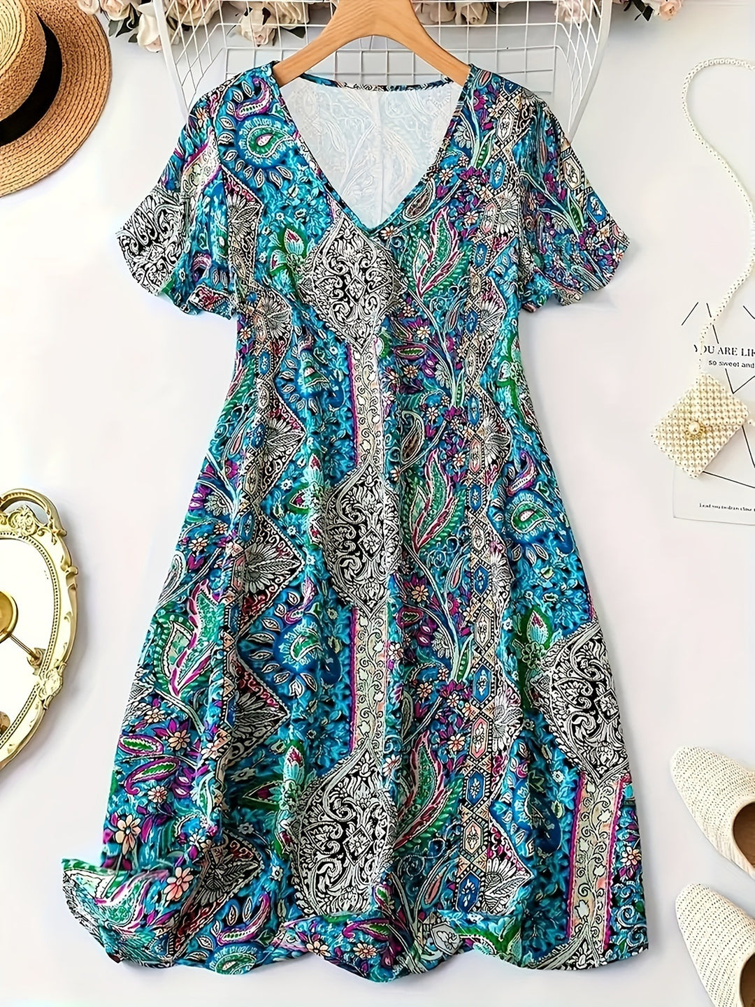 Damen Maxikleid mit V-Ausschnitt und buntem Paisleymuster Drune