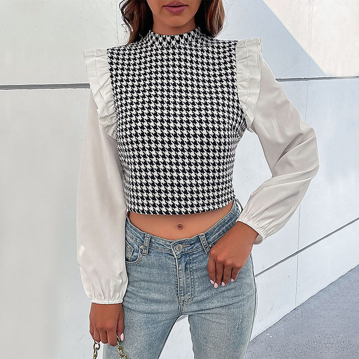 Damen Crop-Top mit voluminösen Ärmeln und modischem Karomuster Drune