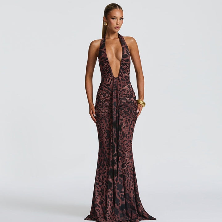 Damen Elegantes Maxikleid mit tiefem V-Ausschnitt und Raffungen Drune