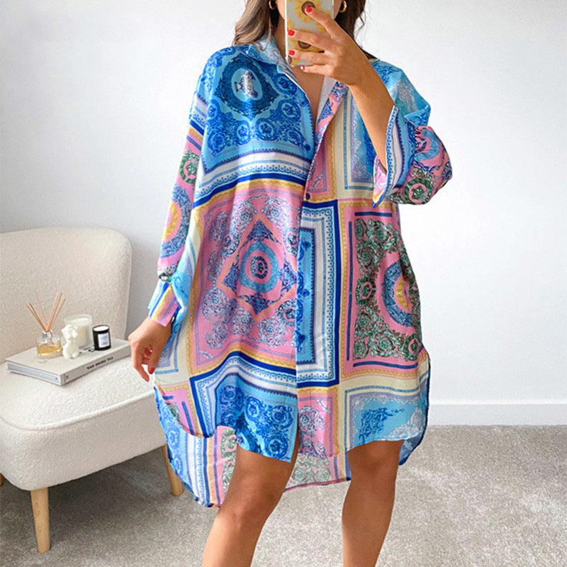 Damen stylisches Oversized-Hemdkleid mit buntem Muster und weit geschnittenen Ärmeln Drune