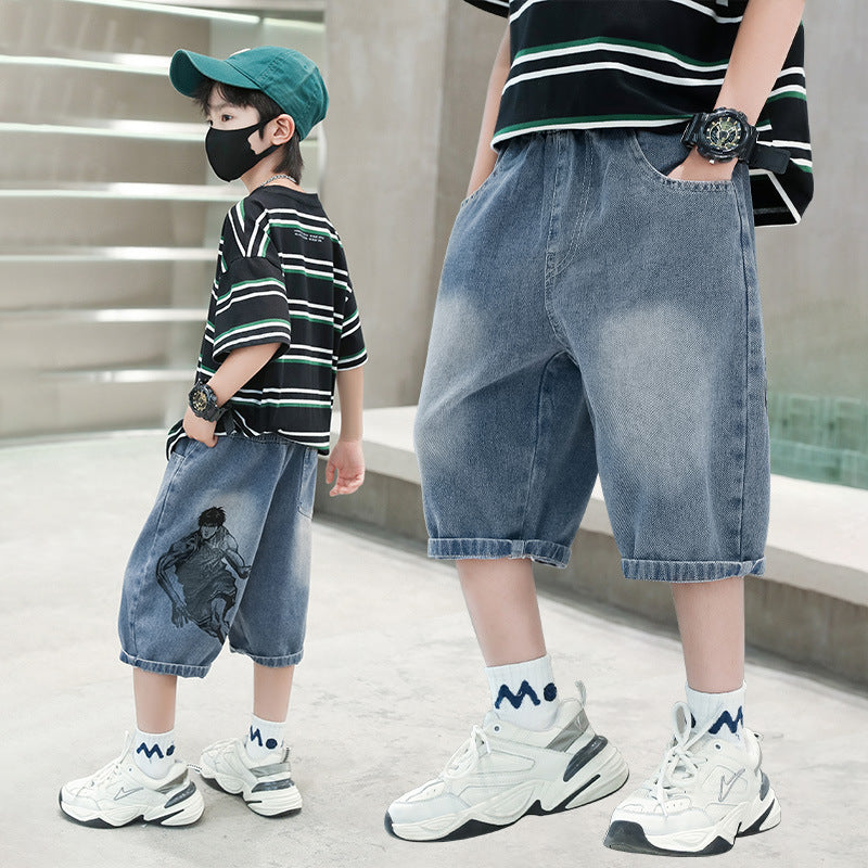 Jungen lässige Denim-Shorts mit kreativem Comic-Print Drune