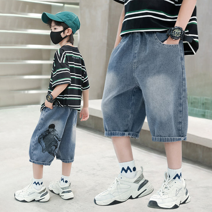 Jungen lässige Denim-Shorts mit kreativem Comic-Print Drune