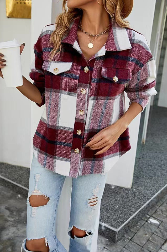Damen Karierte Flanelljacke mit Knopfleiste und Taschen Drune
