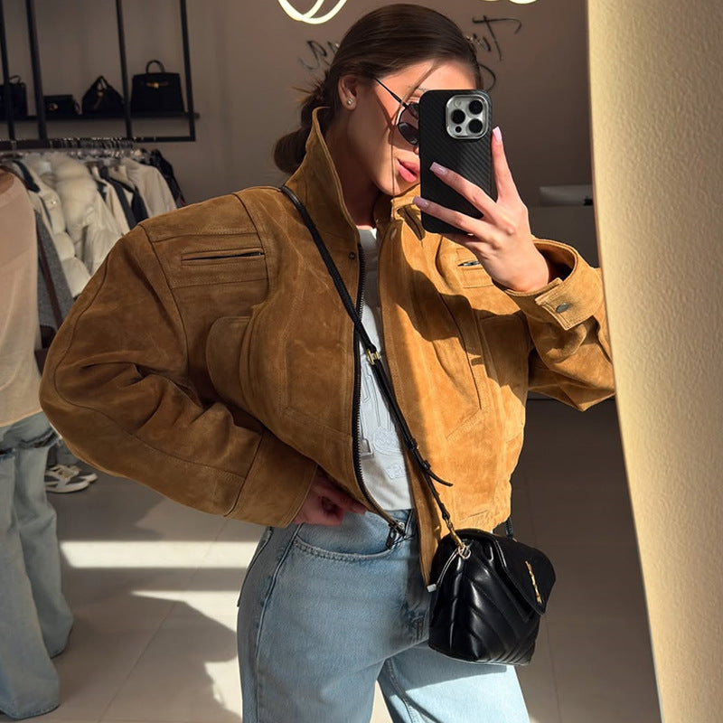 Damen Lässige Wildlederjacke mit abnehmbarer Kapuze Drune