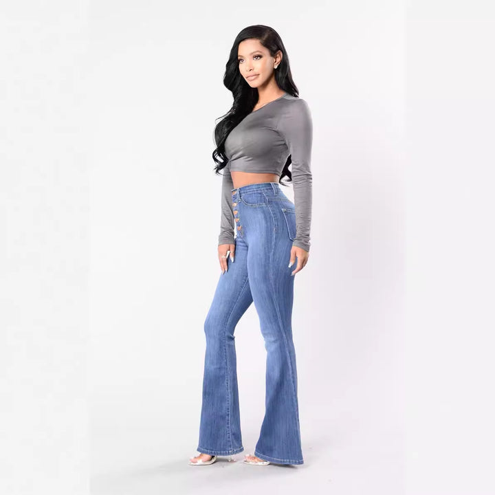 Damen nan Highwaist-Jeans mit ausgestelltem Schlag, taillierter Passform und dekorativer Knopfleiste Drune