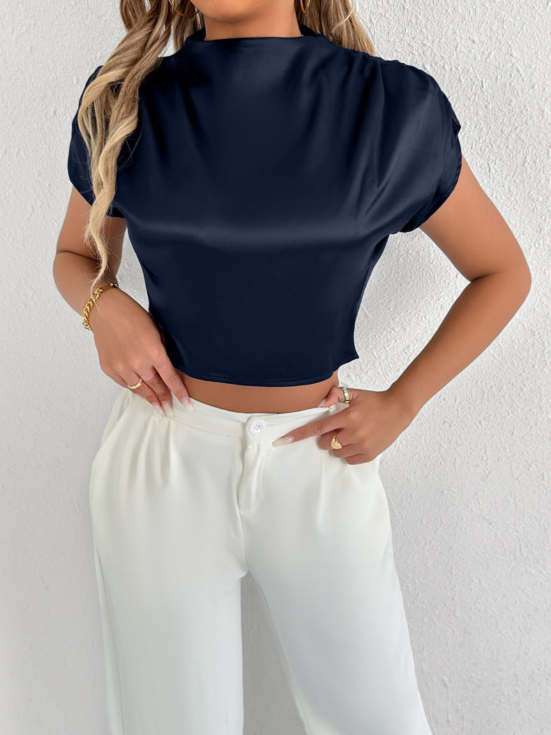 Damen Elegantes Kurzarm-Blusenshirt mit modernem Stehkragen Drune