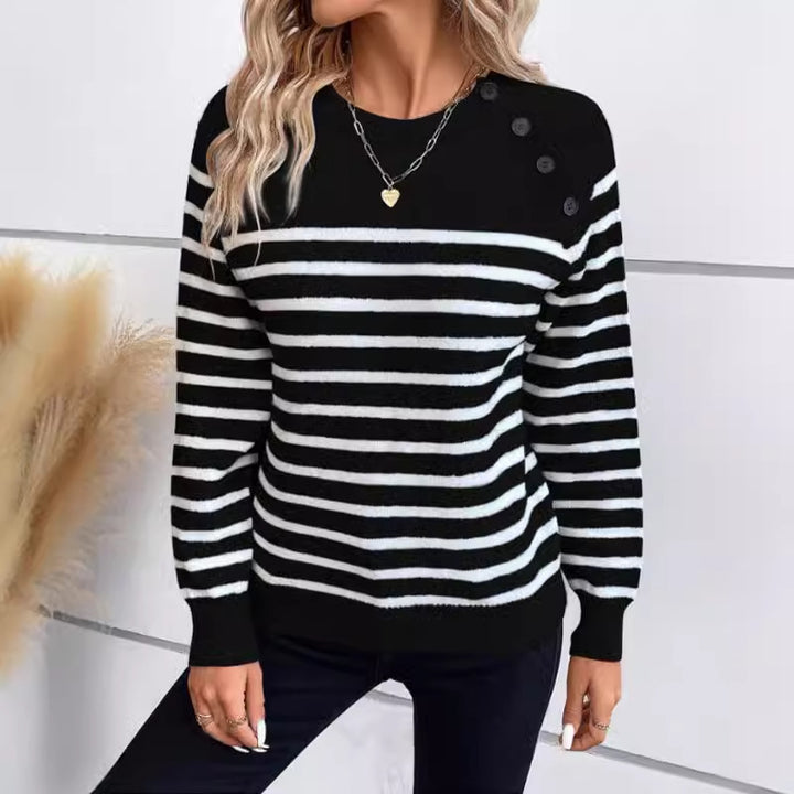 Damen gestreifter Pullover mit Knopfdetails und Rundhalsausschnitt Drune