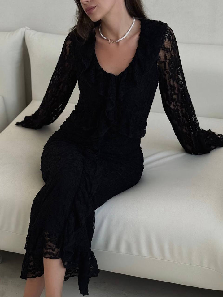 Damen Spitzen-Maxikleid mit Rüschendetails Drune