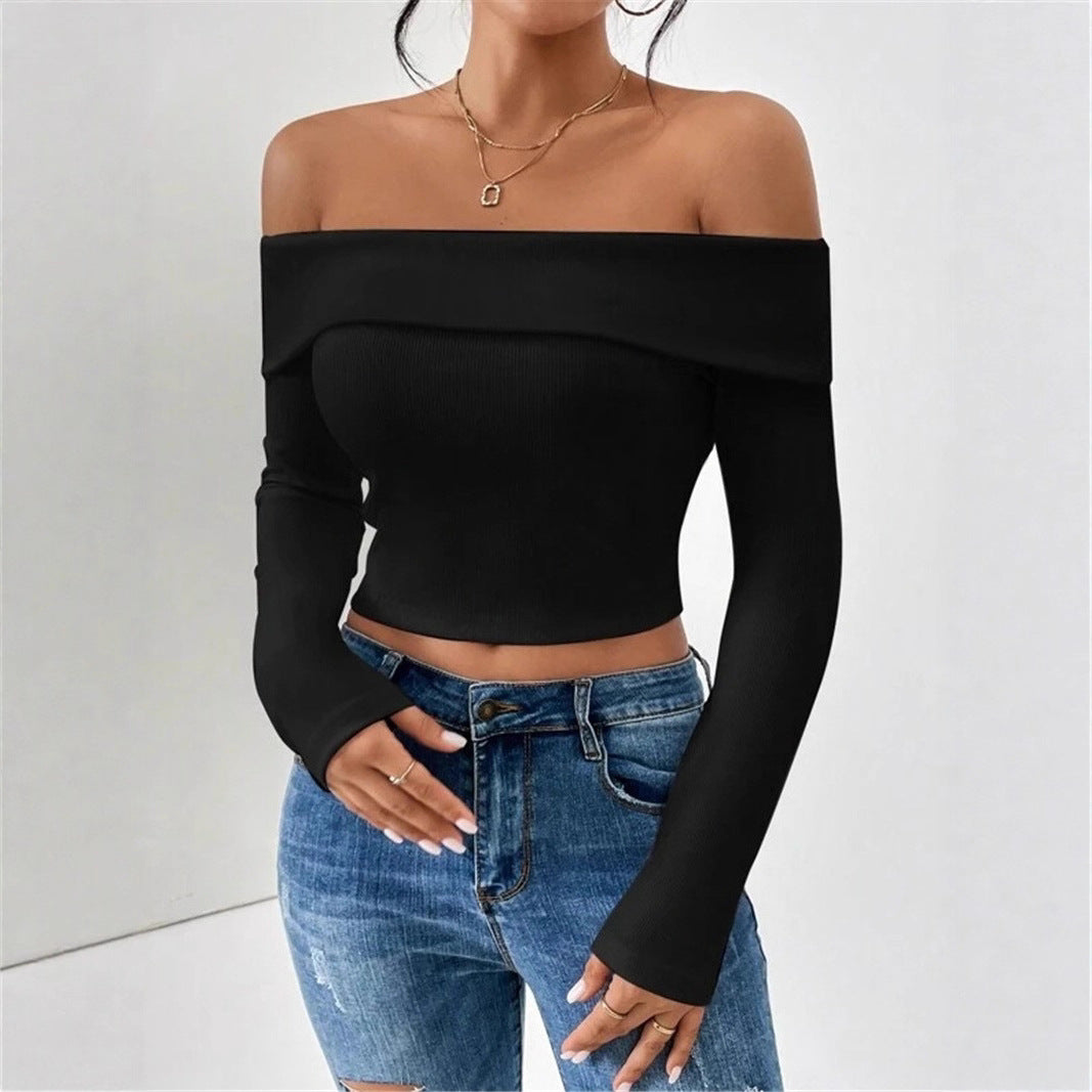 Damen Off-Shoulder Crop-Top mit langen Ärmeln und feiner Rippstruktur Drune