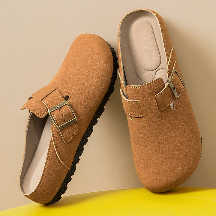 Damen nan gemütliche Nubuk-Slipper Clog mit verstellbarer Messingschnalle und ergonomischem Memory-Fußbett Drune
