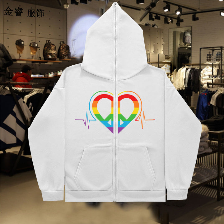 Damen sportlicher Kapuzenpullover mit buntem Herzmotiv und praktischen Taschen Drune