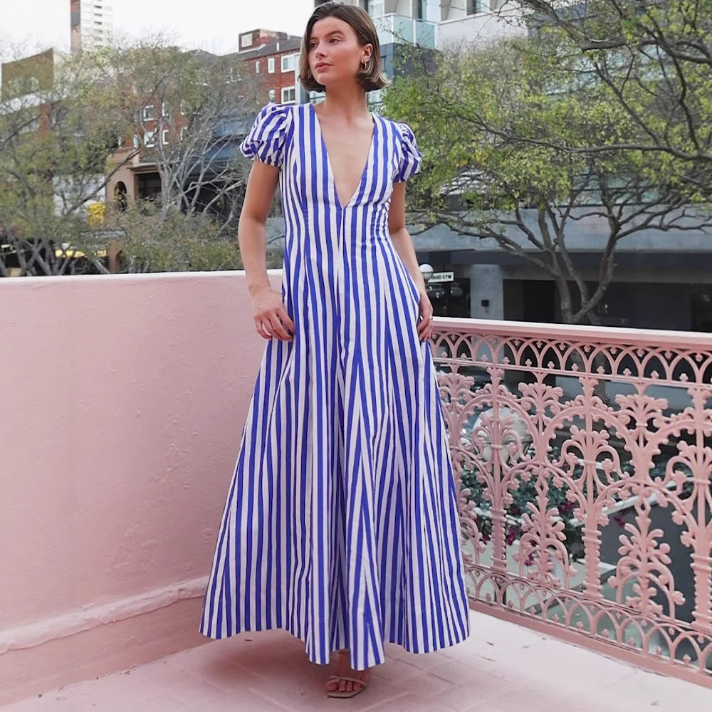 Damen Maxikleid mit tiefem V-Ausschnitt und voluminösen Ärmeln Drune