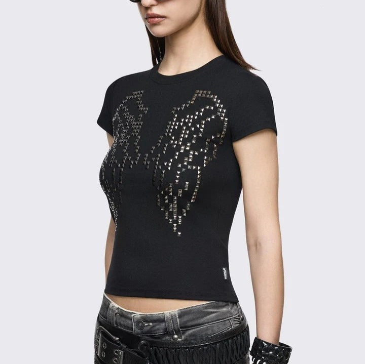 Damen Enganliegendes T-Shirt mit Metallic-Nieten Drune