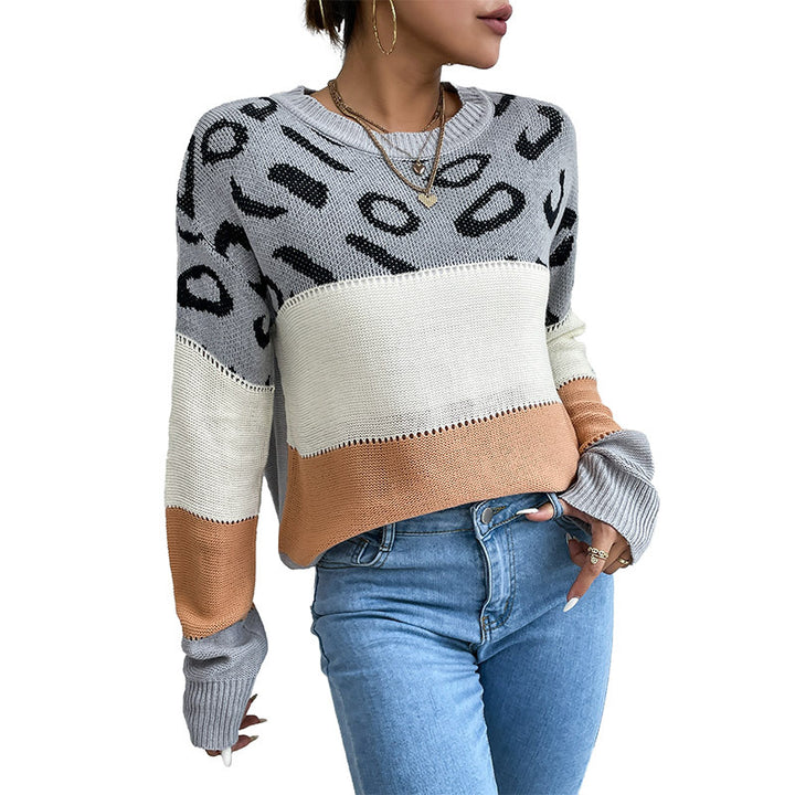 Damen lässiger Strickpullover mit modischem Farbblockdesign und animalischem Muster Drune