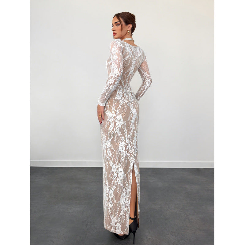 Damen Spitzenkleid mit langem Arm und luxuriösen Details Drune