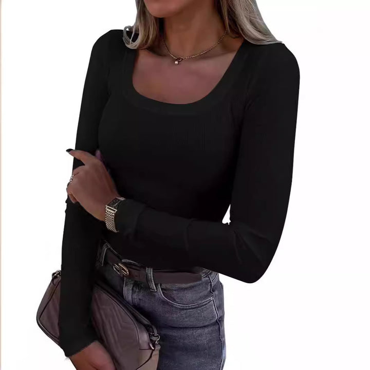 Damen Langarm Ripp-T-Shirt mit elegantem U-Boot-Ausschnitt Drune
