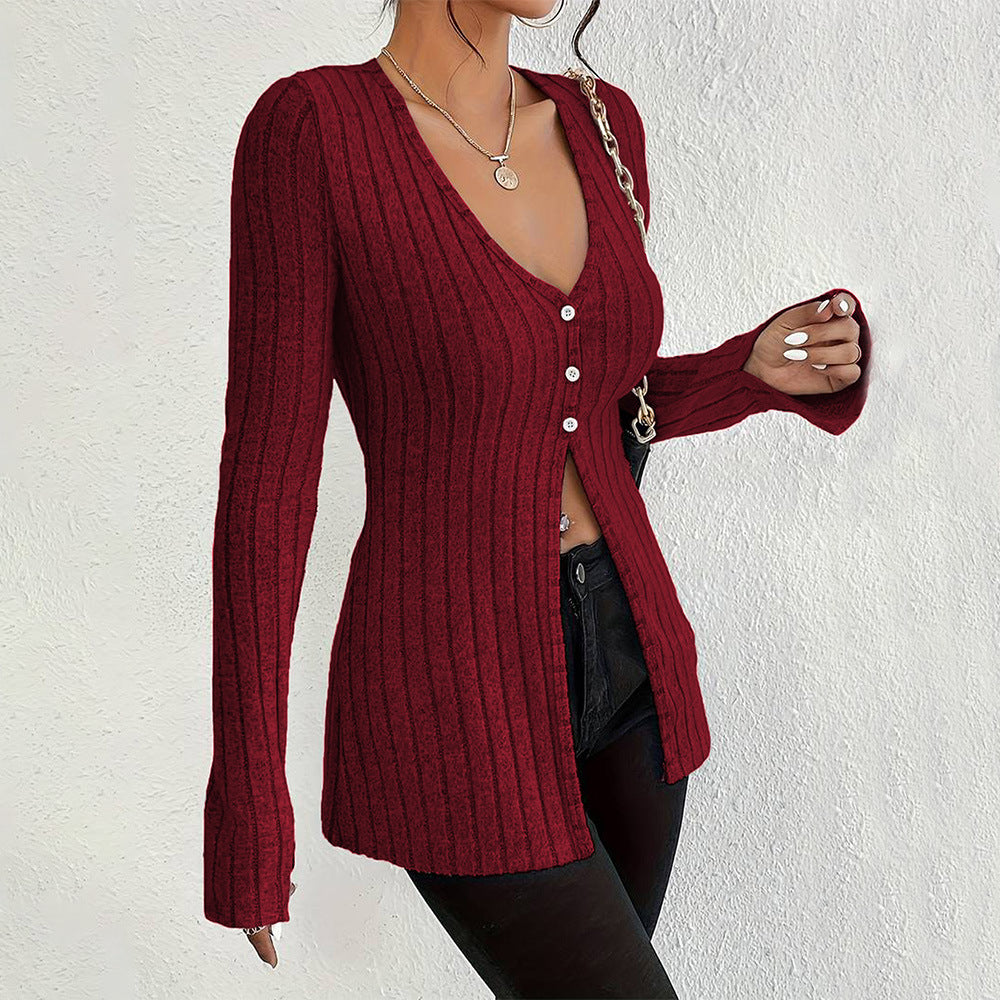 Damen Langarm Cardigan mit feiner Rippstruktur und eleganten Knopfdetails Drune