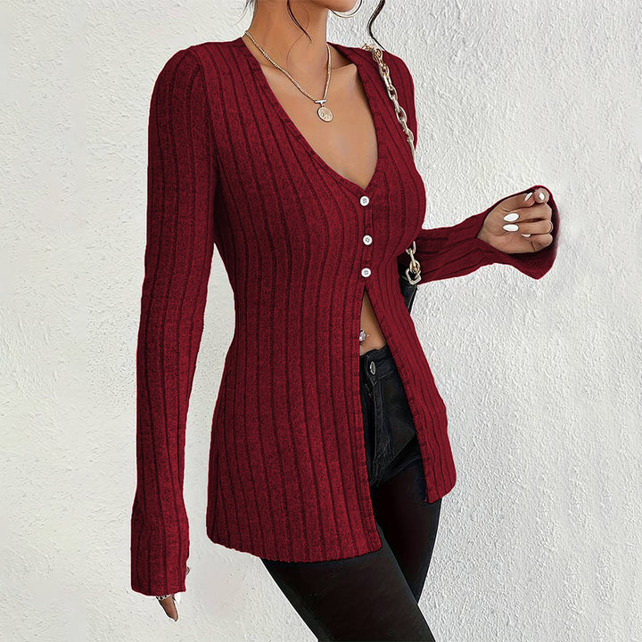Damen Langarm Cardigan mit feiner Rippstruktur und eleganten Knopfdetails Drune