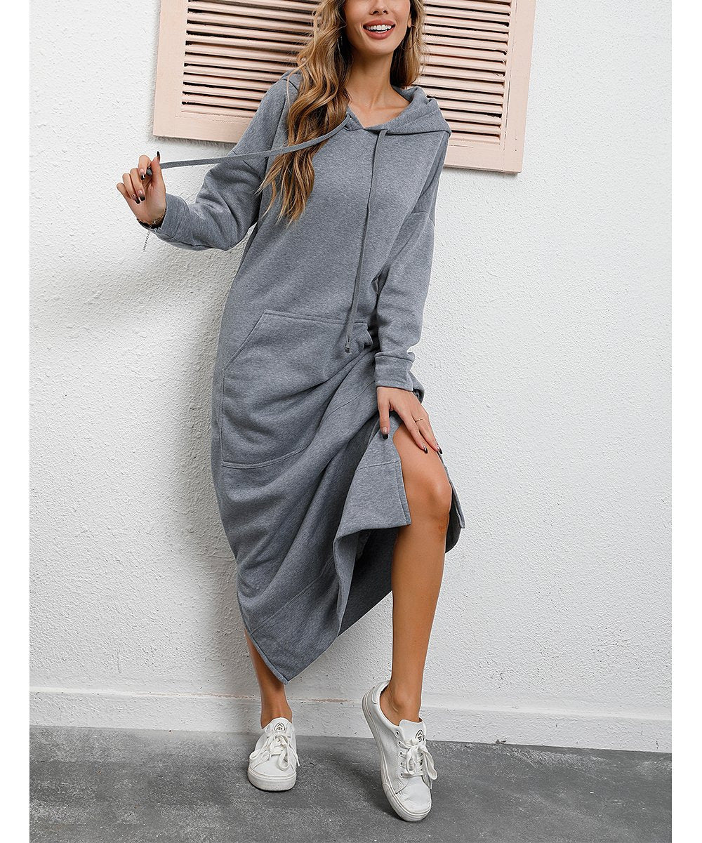 Damen nan langes Kapuzen-Sweatkleid mit Kängurutasche, Seitenschlitzen und lockerer Oversize-Passform Drune