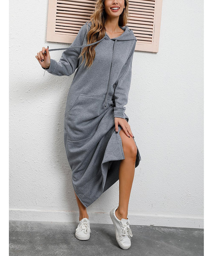 Damen nan langes Kapuzen-Sweatkleid mit Kängurutasche, Seitenschlitzen und lockerer Oversize-Passform Drune