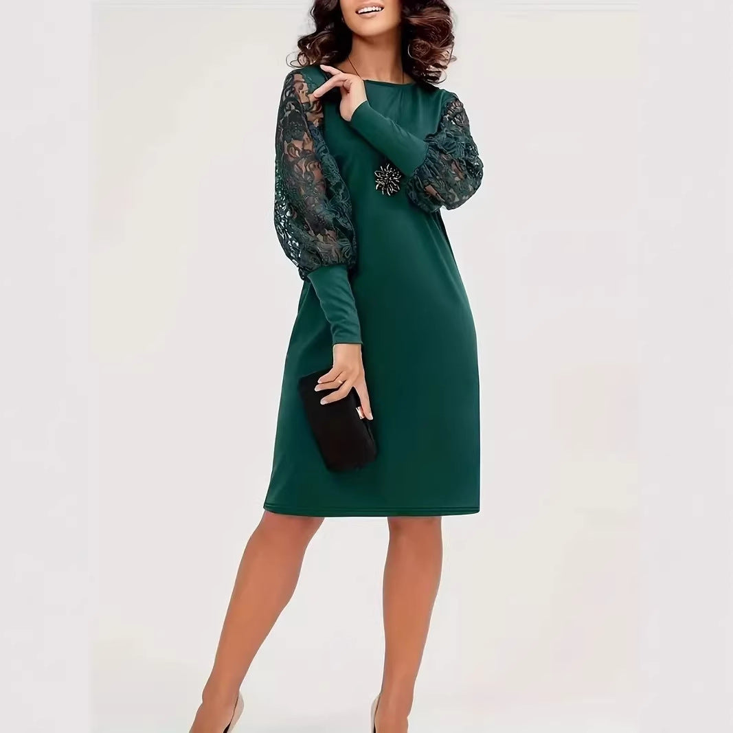 Damen elegantes Kleid mit Spitzenärmeln und tailliertem Schnitt Drune