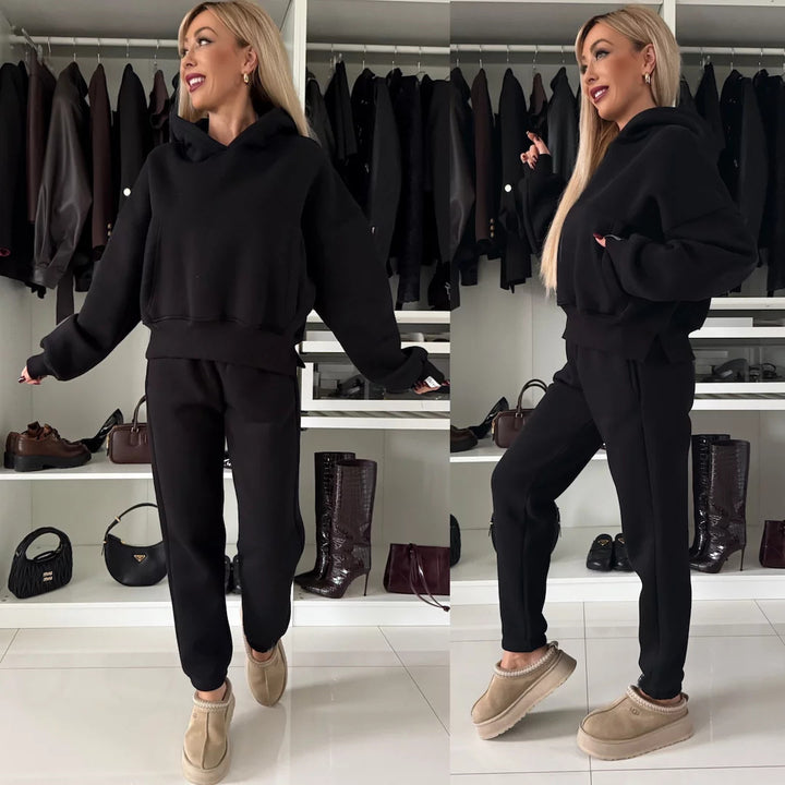 Damen Relaxed Fit Fleece-Loungewear-Set mit Kapuze und elastischem Bund Drune