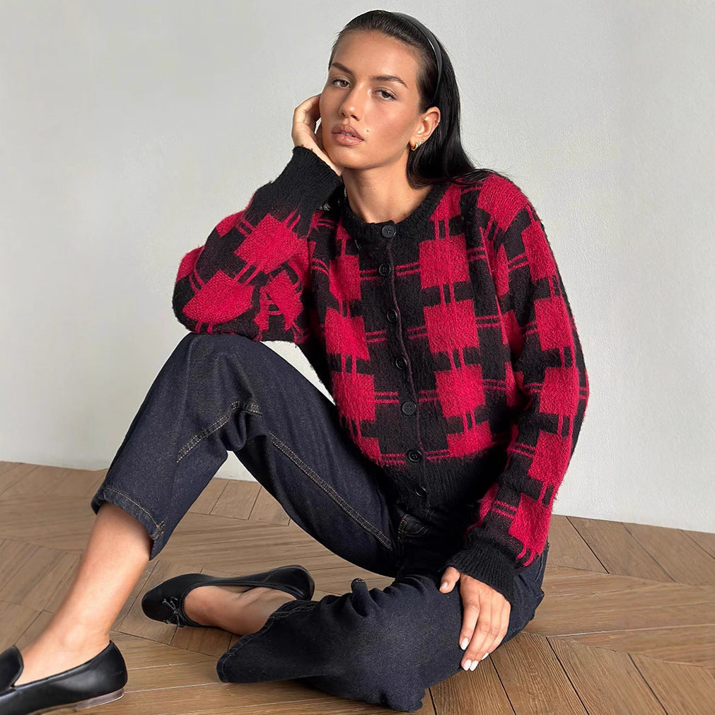 Damen cropped Strickjacke mit modernem Karomuster und knöpfbarem Design Drune