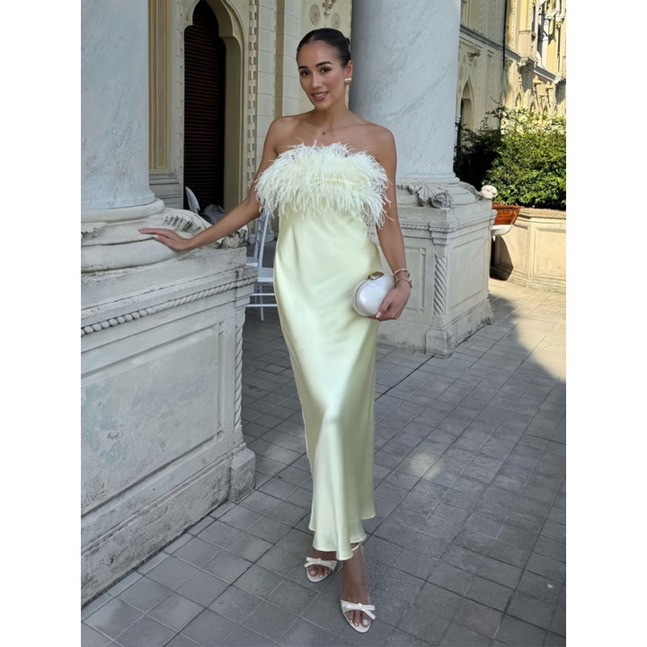 Damen Satin Abendkleid mit Federn Drune