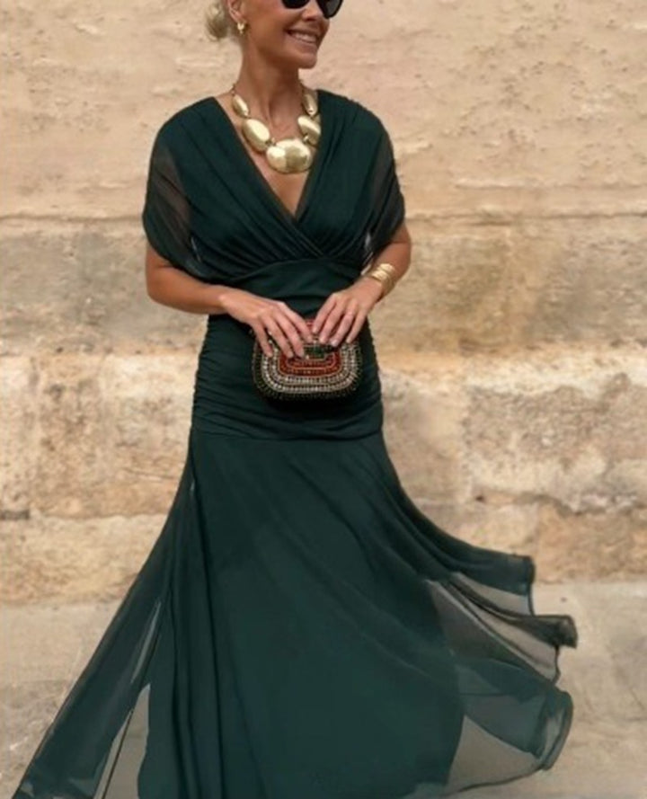 Damen nan fließendes Abendkleid mit transparentem Chiffon-Capelet, V-Ausschnitt und taillierter Drapierung Drune