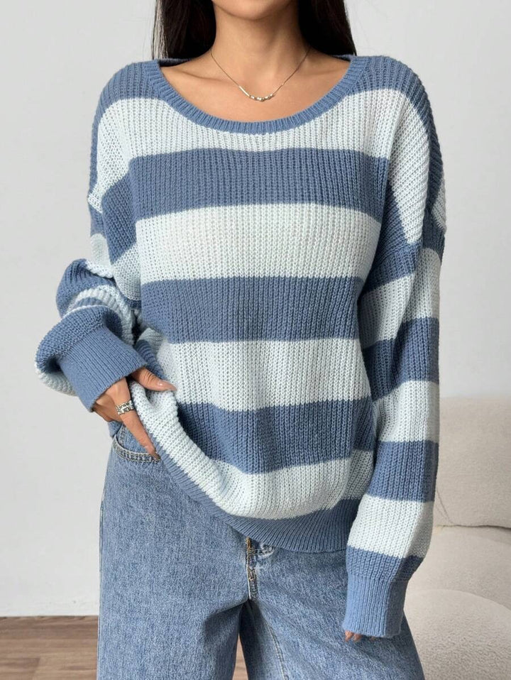 Damen Großer Strickpullover mit lässigem Blockstreifenmuster und weit geschnittenem Rundhalsausschnitt Drune