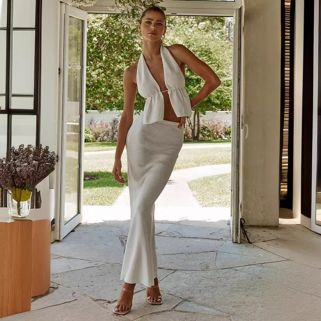 Damen elegantes Wickel-Top mit asymmetrischem Design und passendem Maxirock Drune