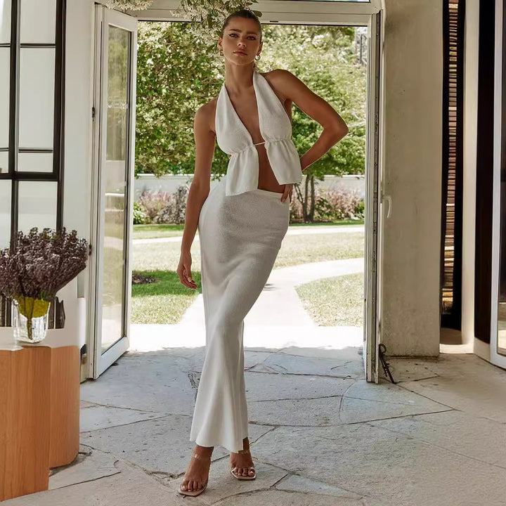 Damen elegantes Wickel-Top mit asymmetrischem Design und passendem Maxirock Drune