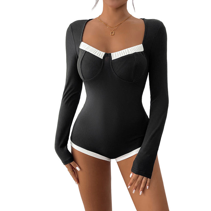Damen figurbetontes Bodysuit mit langen Ärmeln und elegantem Spitzeneinsatz Drune