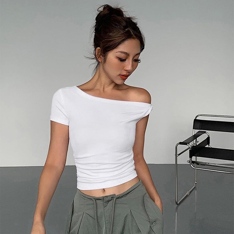 Damen Off-Shoulder Crop-Top mit seitlichem Knoten Drune