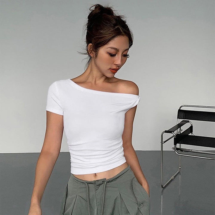 Damen Off-Shoulder Crop-Top mit seitlichem Knoten Drune
