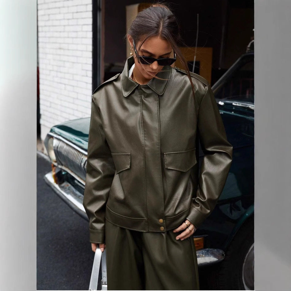 Damen modische Kunstlederjacke im Oversized-Stil Drune
