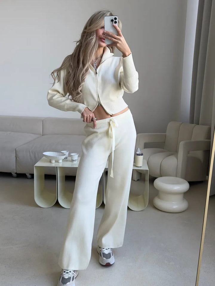 Damen lockerer Strick-Loungewear-Anzug mit hohem Kragen Drune