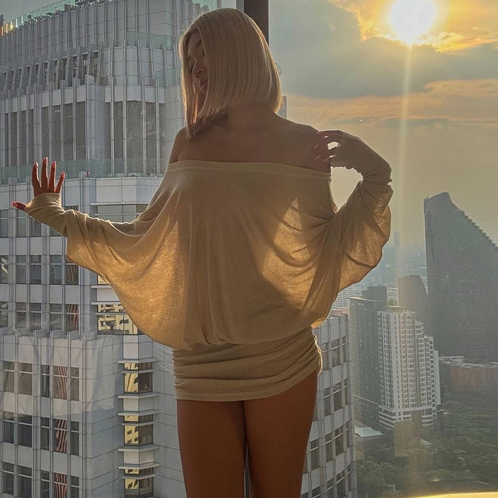 Damen Oversized Strickoberteil mit weitem Ausschnitt und langen Ärmeln Drune