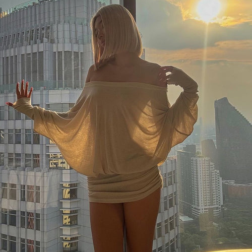 Damen Oversized Strickoberteil mit weitem Ausschnitt und langen Ärmeln Drune