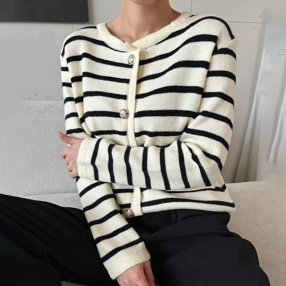Damen gestreifter Strickcardigan mit Knopfdetail und gemütlichem Schnitt Drune