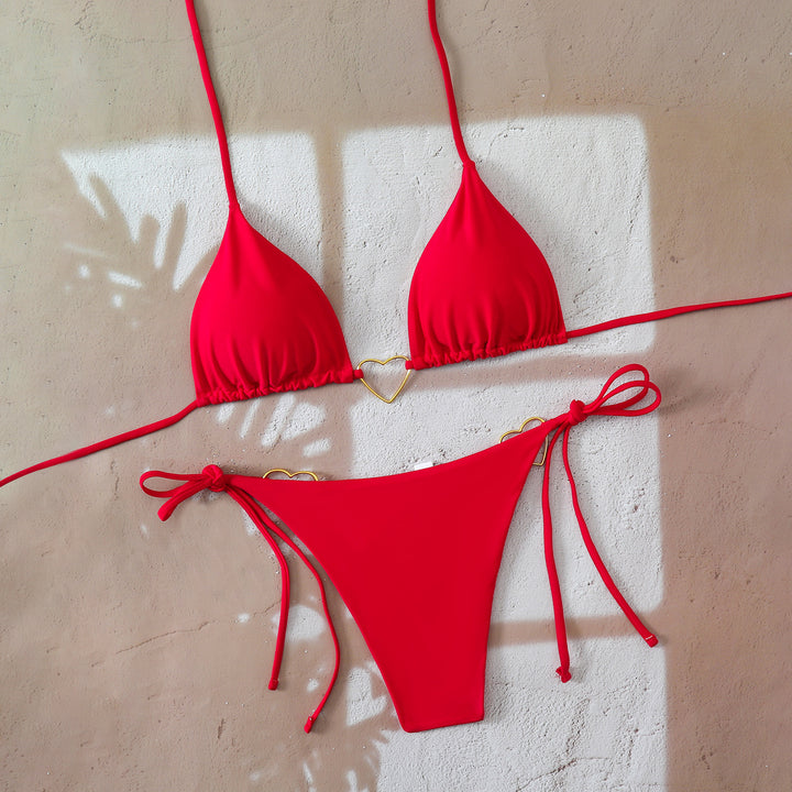 Damen Triangel-Bikini-Set mit verspielten Schleifen und Herz-Applikationen Drune