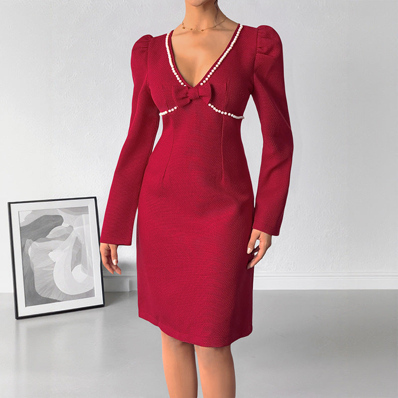 Damen figurbetontes Kleid mit eleganter Schleife Drune
