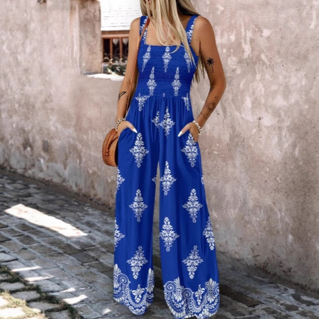 Damen luftiger Jumpsuit mit floralem Design und praktischen Taschen Drune