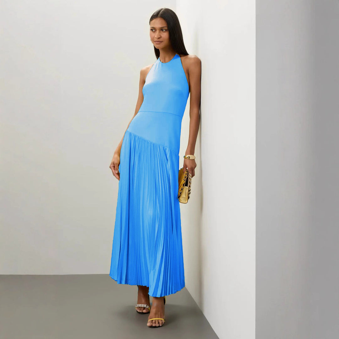 Damen Elegantes Maxi-Kleid mit fließendem Faltenrock und Halterneck-Design Drune