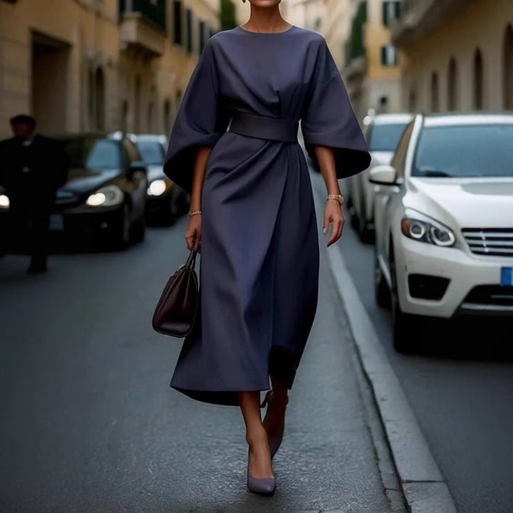 Damen elegantes Maxikleid mit oversized Ärmeln und tailliertem Gürtel Drune