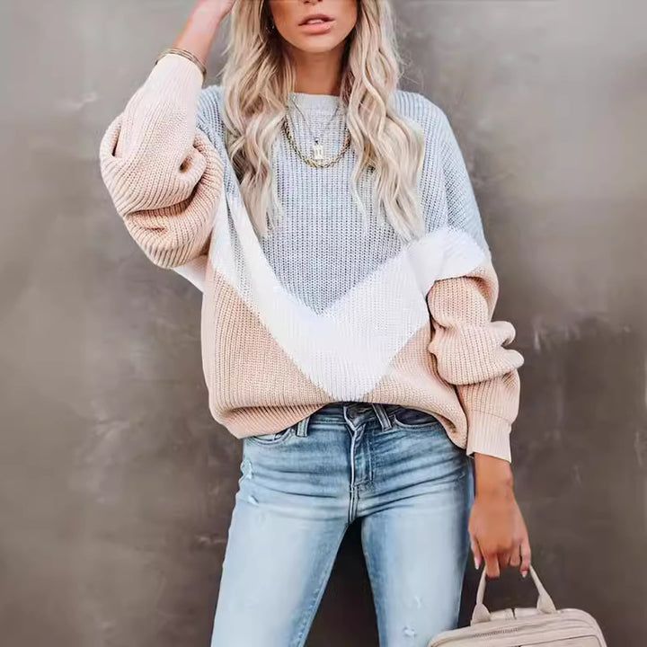 Damen Casual Blockstreifen Pullover mit voluminösen Ärmeln Drune