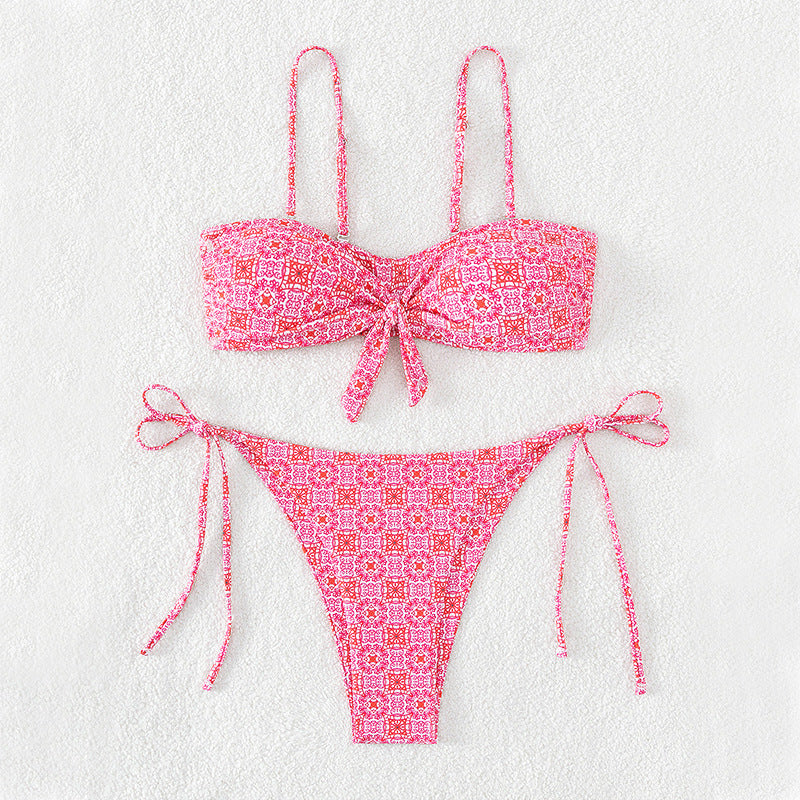 Damen Bandeau-Bikini mit dekorativem Knoten und verspielten Bindebändern Drune