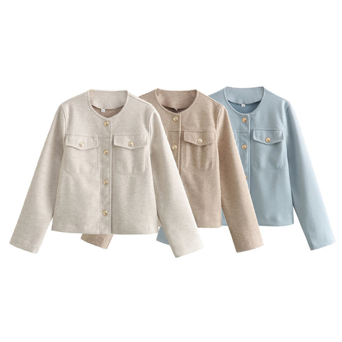 Damen elegante Modische Jacke mit zwei aufgesetzten Taschen und goldenen Knopfdetails Drune